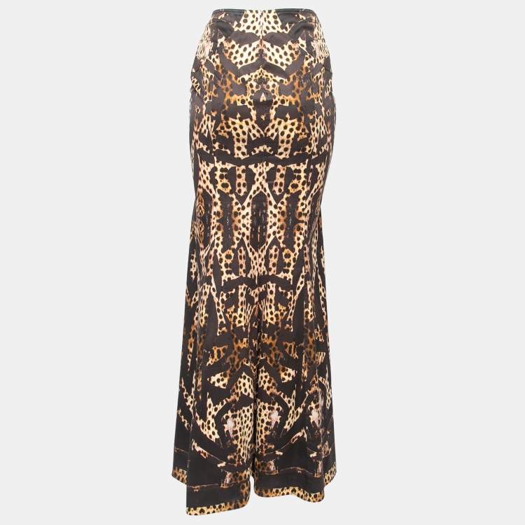 Pre Owned Roberto Cavalli Brown Leopard Printed Cotton Belted Maxi Skirt S