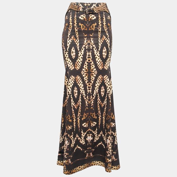 Pre Owned Roberto Cavalli Brown Leopard Printed Cotton Belted Maxi Skirt S