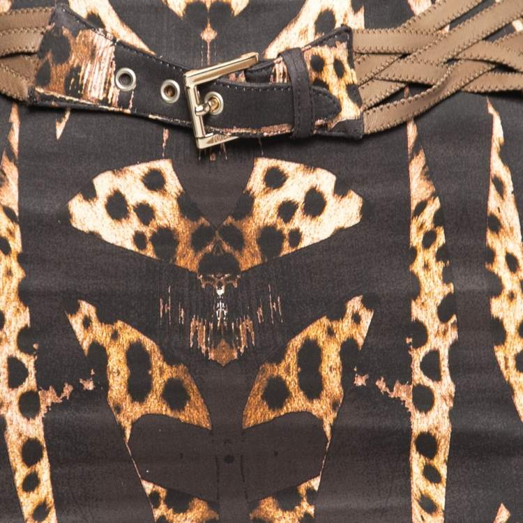 Pre Owned Roberto Cavalli Brown Leopard Printed Cotton Belted Maxi Skirt S