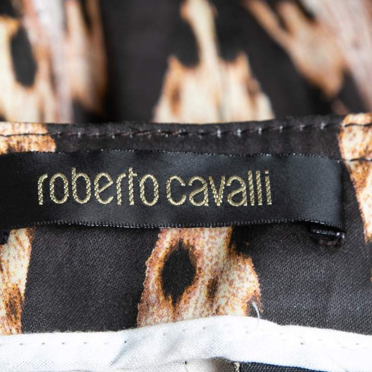 Pre Owned Roberto Cavalli Brown Leopard Printed Cotton Belted Maxi Skirt S