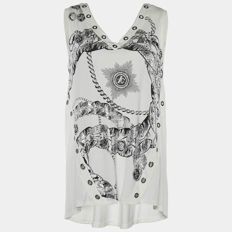 Pre Owned Roberto Cavalli White Printed Jersey Eyelet Top S