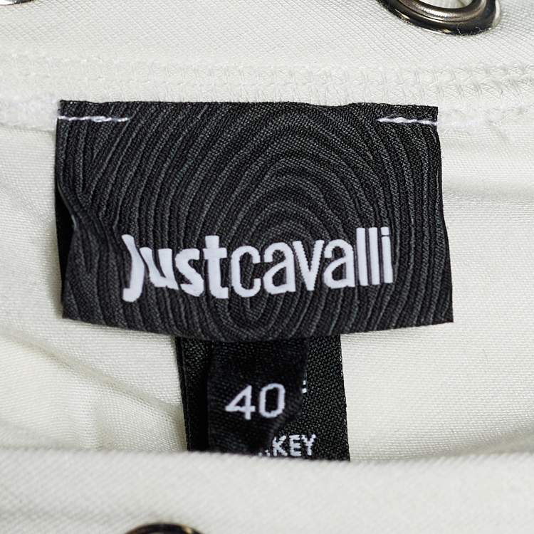 Pre Owned Roberto Cavalli White Printed Jersey Eyelet Top S