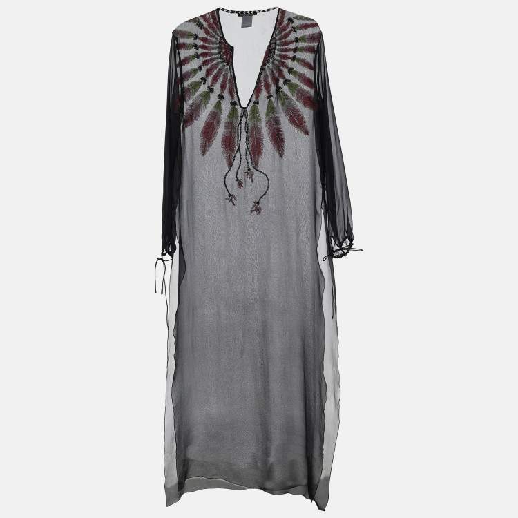 Pre Owned Roberto Cavalli Black Silk Embroidered Full Sleeves Dress XL