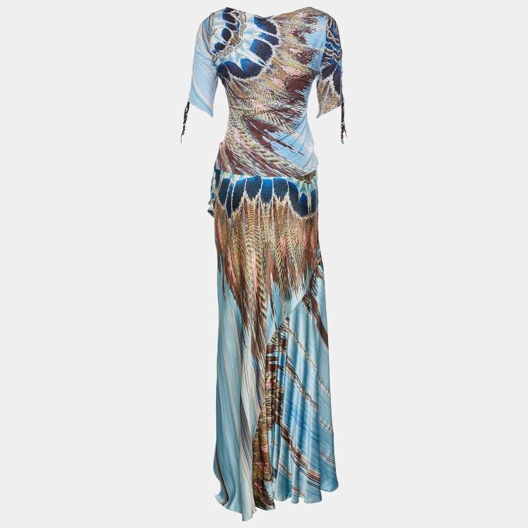 Pre Owned Roberto Cavalli Blue Printed Silk Skirt Set L