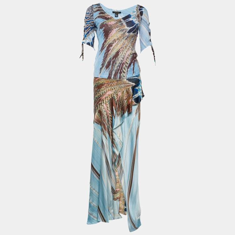 Pre Owned Roberto Cavalli Blue Printed Silk Skirt Set L