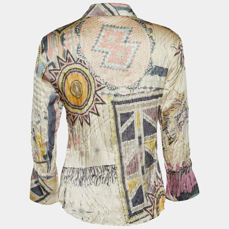 Pre Owned Roberto Cavalli Multicolor Foil Print Silk Button Front Shirt L