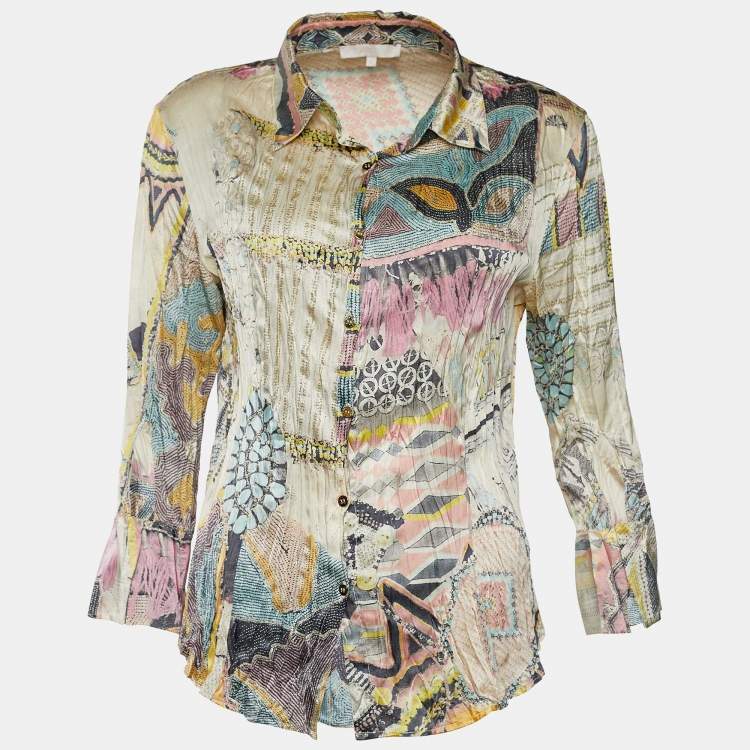Pre Owned Roberto Cavalli Multicolor Foil Print Silk Button Front Shirt L