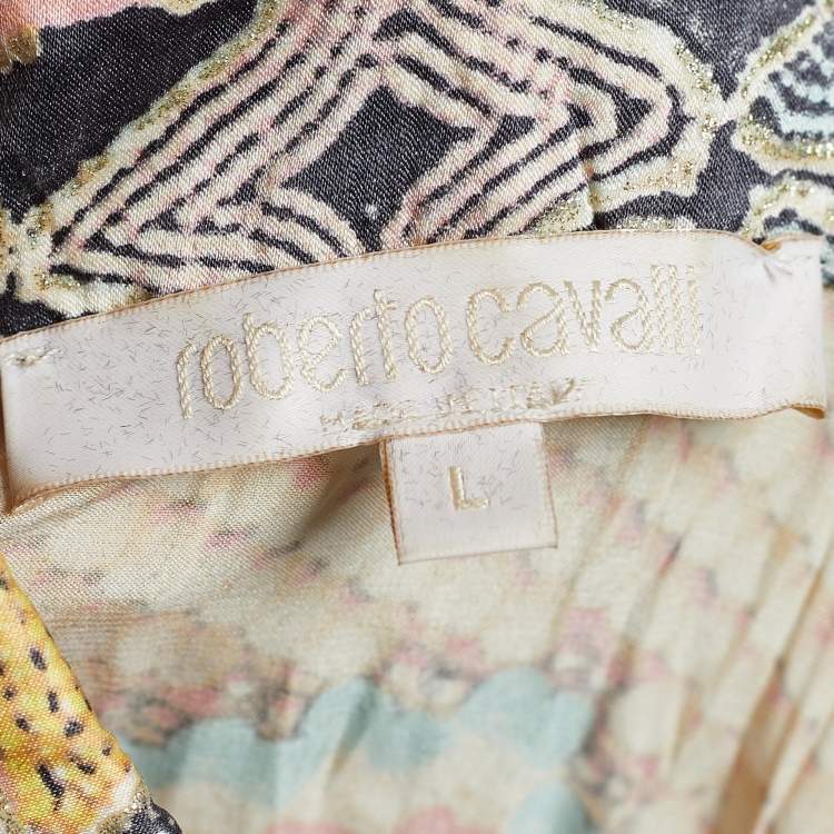Pre Owned Roberto Cavalli Multicolor Foil Print Silk Button Front Shirt L
