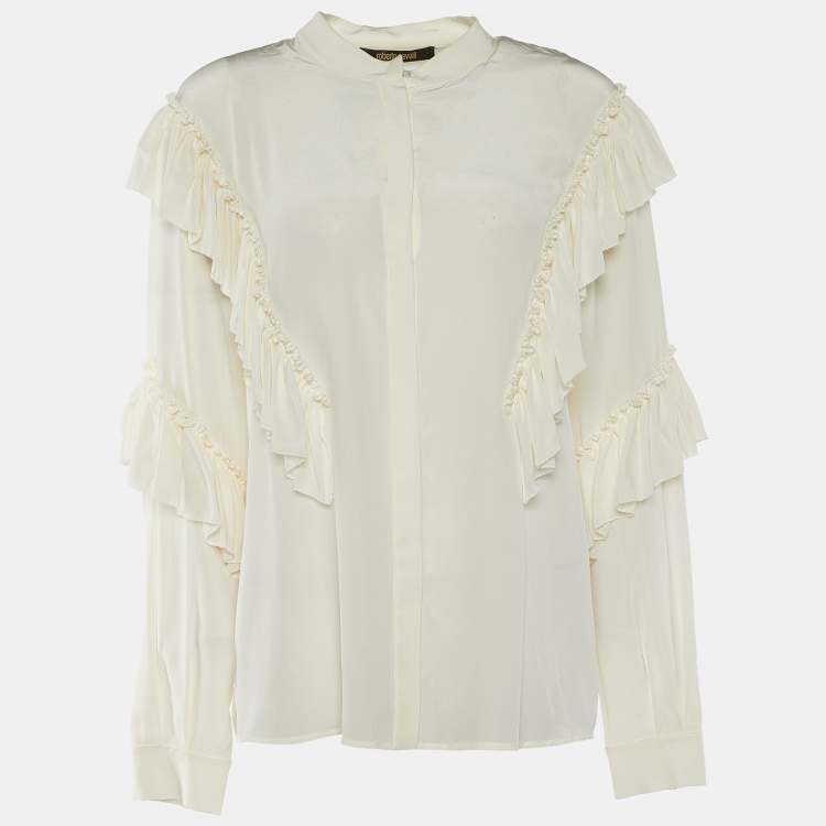 Pre Owned Roberto Cavalli Ivory Crepe de Chine Ruffled Blouse M