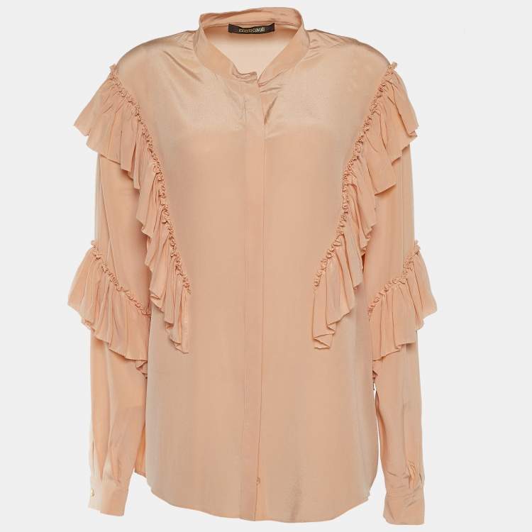 Pre Owned Roberto Cavalli Peach Silk Ruffle Detail Blouse L