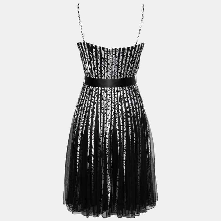 مملوكة مسبقًا Roberto Cavalli Monochrome Animal Print Satin and Mesh Flared Dress M