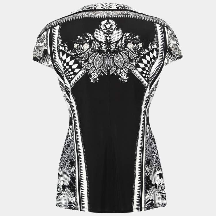 Pre Owned Roberto Cavalli Monochrome Printed Jersey Top L