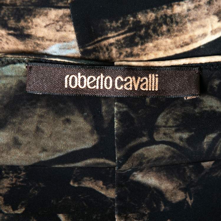 مملوكة مسبقًا Roberto Cavalli Black Printed Side Ruched Detailed Top M