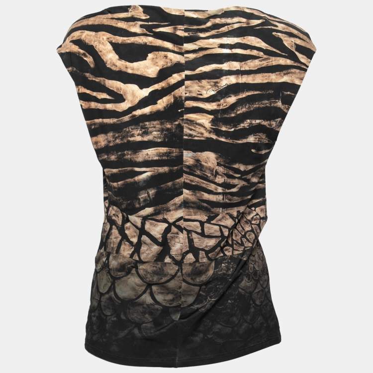 مملوكة مسبقًا Roberto Cavalli Black Printed Side Ruched Detailed Top M