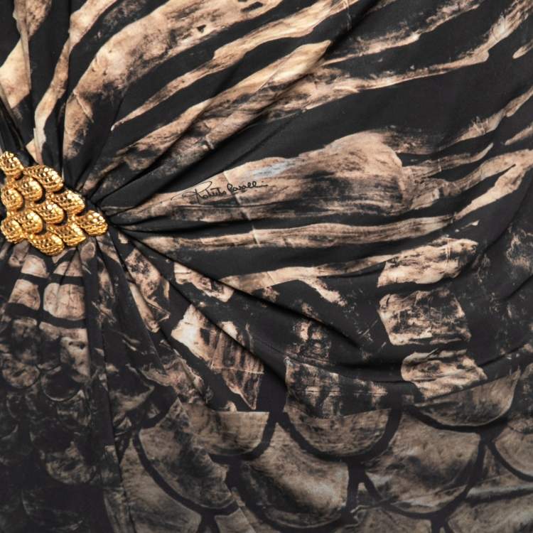 مملوكة مسبقًا Roberto Cavalli Black Printed Side Ruched Detailed Top M