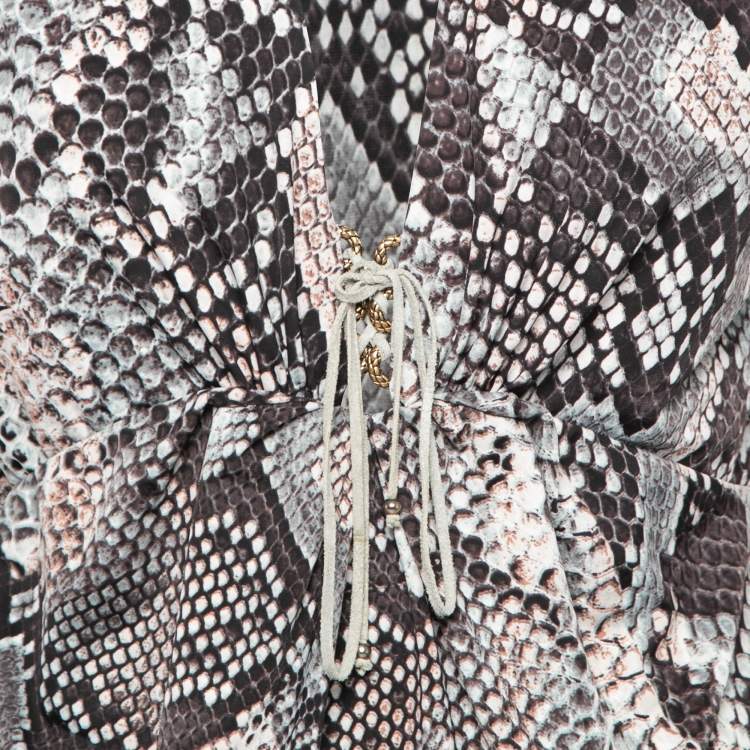 Pre Owned Roberto Cavalli Grey Snakeskin Print Knit V Neck Blouse M