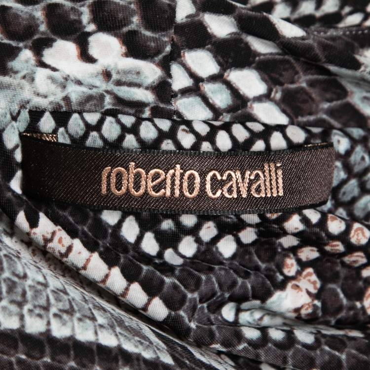 Pre Owned Roberto Cavalli Grey Snakeskin Print Knit V Neck Blouse M