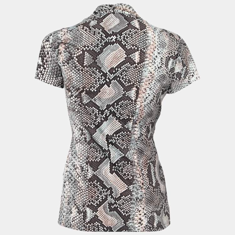 Pre Owned Roberto Cavalli Grey Snakeskin Print Knit V Neck Blouse M