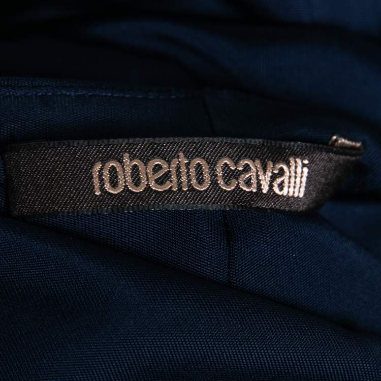 Pre Owned Roberto Cavalli Navy Blue Jersey Ruched Long Sleeve Blouse L