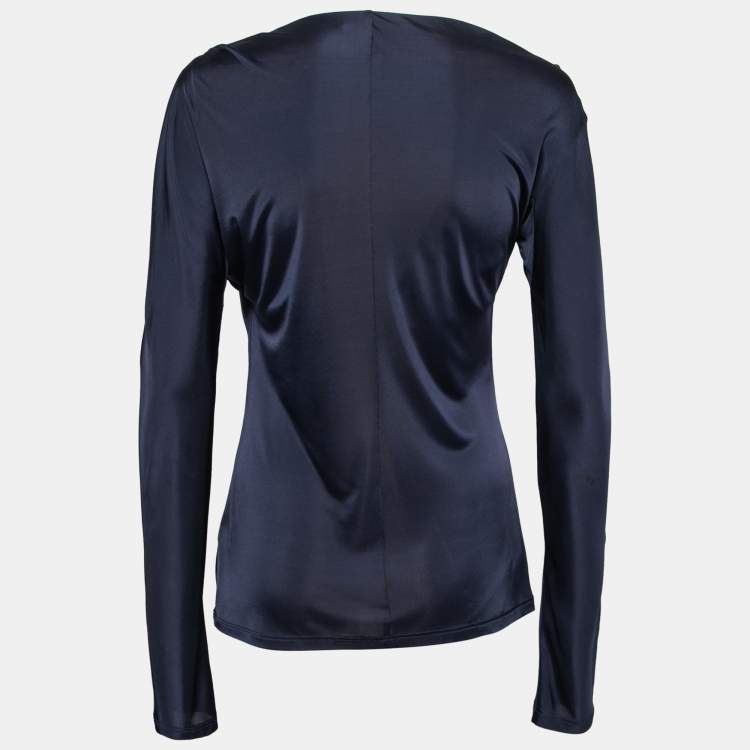 Pre Owned Roberto Cavalli Navy Blue Jersey Ruched Long Sleeve Blouse L