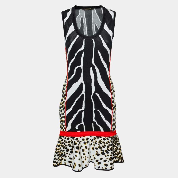 Pre Owned Roberto Cavalli Multicolor Animal Printed Knit Ruffle Hem Sleeveless Dress M