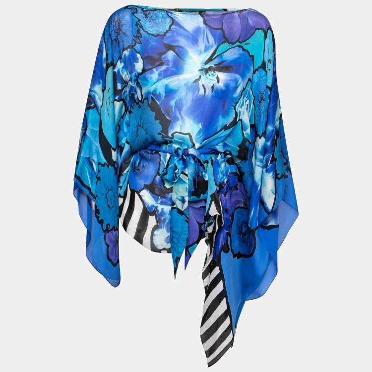 Pre Owned Roberto Cavalli Blue Floral Printed Silk Chiffon Belted Kaftan Top M