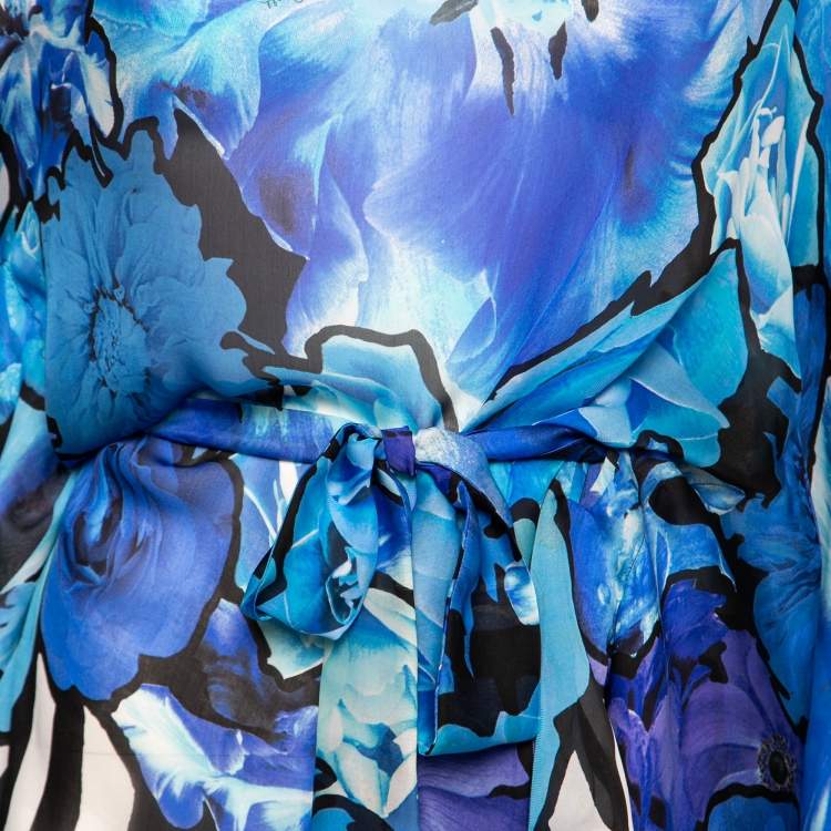 Pre Owned Roberto Cavalli Blue Floral Printed Silk Chiffon Belted Kaftan Top M