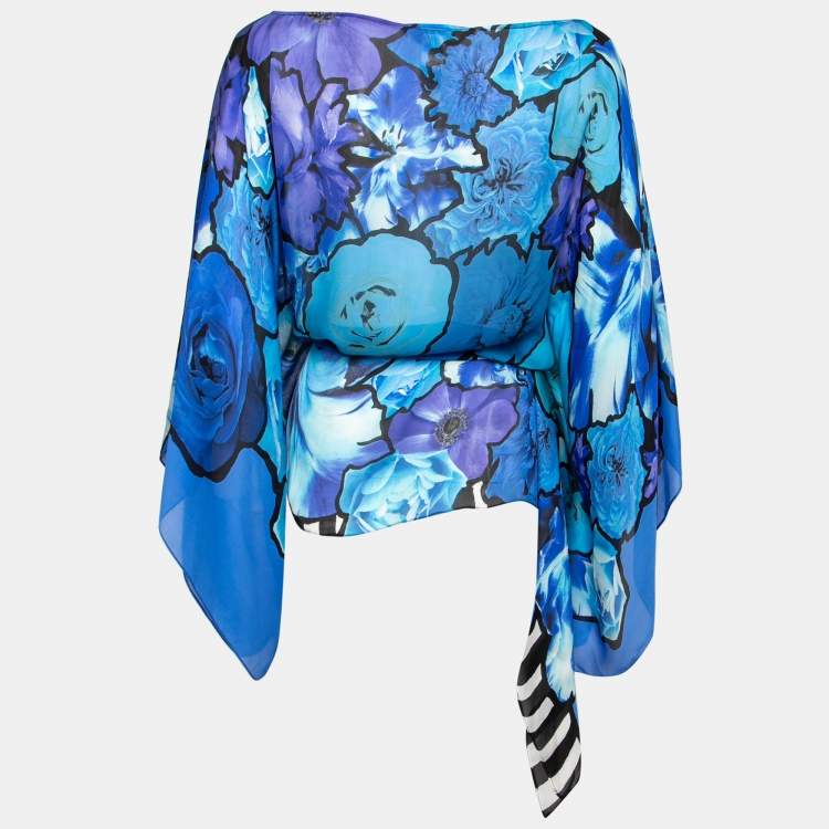 Pre Owned Roberto Cavalli Blue Floral Printed Silk Chiffon Belted Kaftan Top M