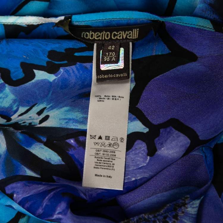 Pre Owned Roberto Cavalli Blue Floral Printed Silk Chiffon Belted Kaftan Top M