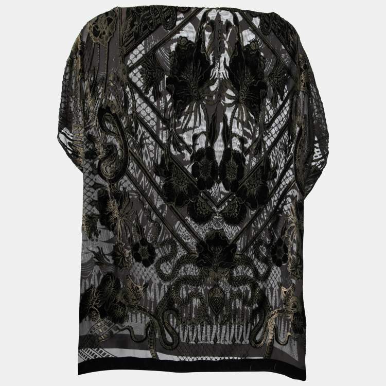 Pre Owned Roberto Cavalli Brown Silk & Velvet Floral Patterned Blouse M 