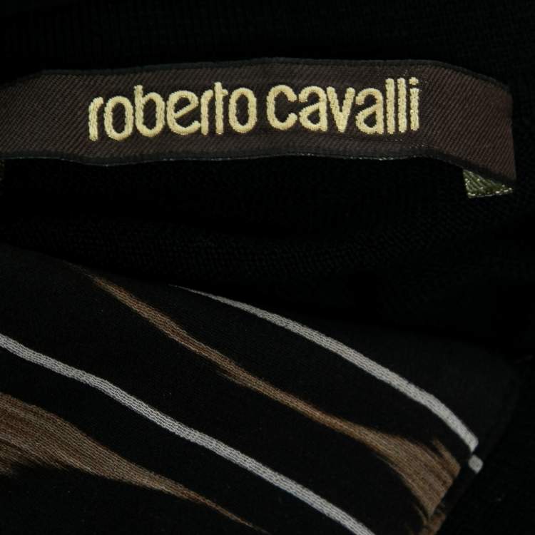 Pre Owned Roberto Cavalli Black Printed Silk Inset & Knit Button Front Cardigan M