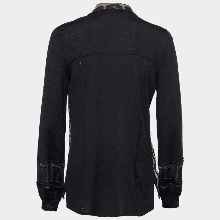 Pre Owned Roberto Cavalli Black Printed Silk Inset & Knit Button Front Cardigan M
