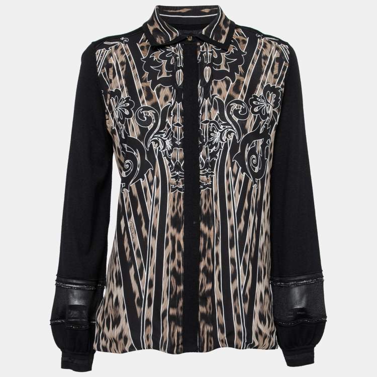 Pre Owned Roberto Cavalli Black Printed Silk Inset & Knit Button Front Cardigan M