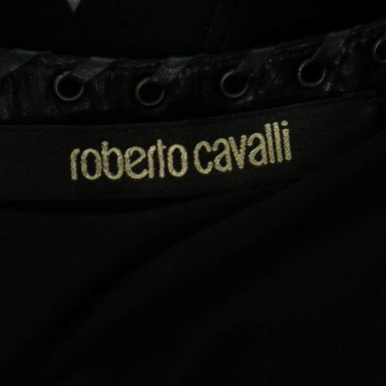 Pre Owned Roberto Cavalli Black Printed Silk & Jersey Short Sleeve T-Shirt M