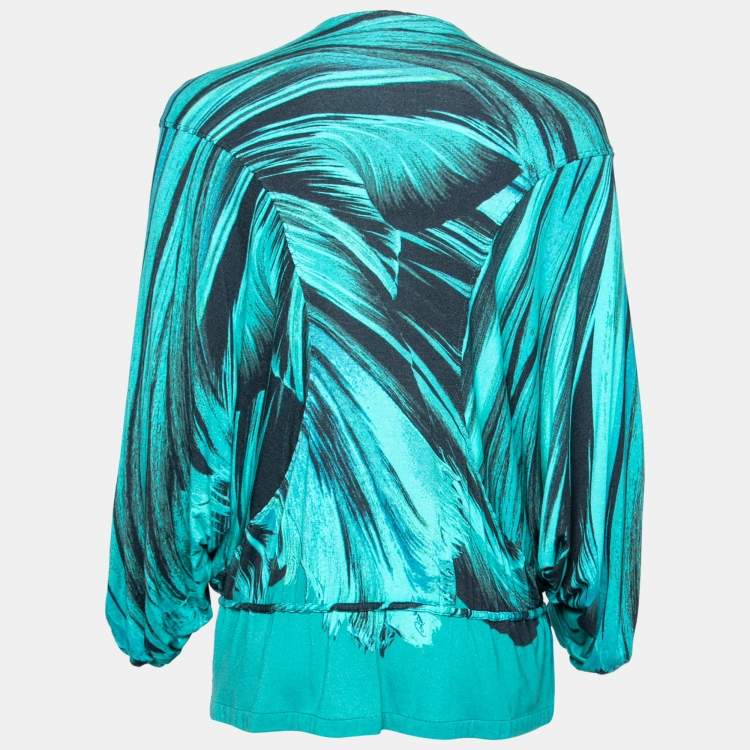 Pre Owned Roberto Cavalli Green Printed Jersey Drawstring Waist Detail Top M