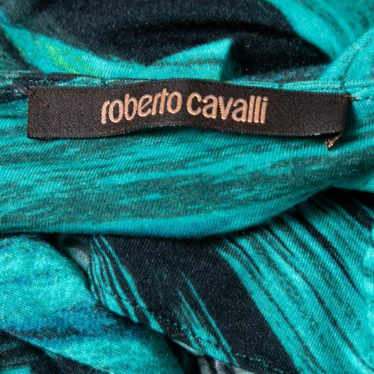 Pre Owned Roberto Cavalli Green Printed Jersey Drawstring Waist Detail Top M