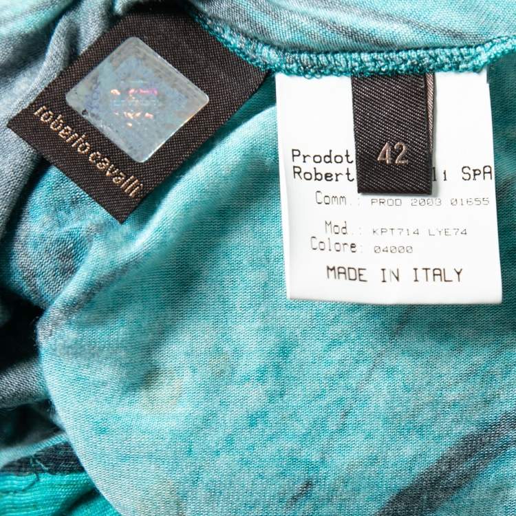 Pre Owned Roberto Cavalli Green Printed Jersey Drawstring Waist Detail Top M