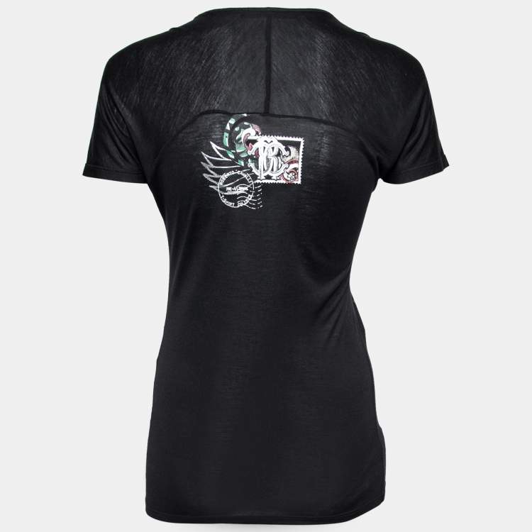 Pre Owned Roberto Cavalli Black Graphic Print Jersey T-Shirt S