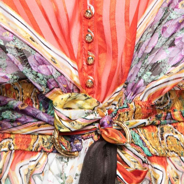 Pre Owned Roberto Cavalli Multicolor Printed Silk Smocked Belted Waist Blouse M