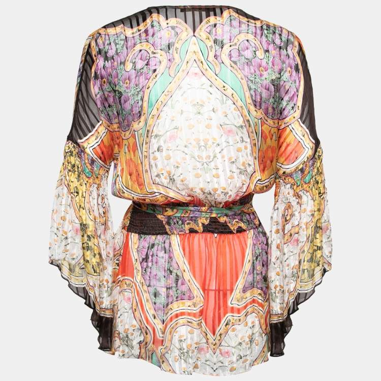 Pre Owned Roberto Cavalli Multicolor Printed Silk Smocked Belted Waist Blouse M
