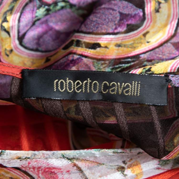 Pre Owned Roberto Cavalli Multicolor Printed Silk Smocked Belted Waist Blouse M