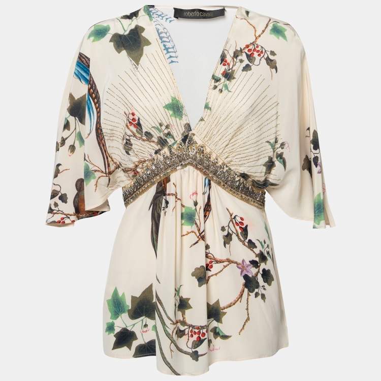 مملوكة مسبقًا Roberto Cavalli Cream Floral Printed Embellished Silk Kaftan Top M
