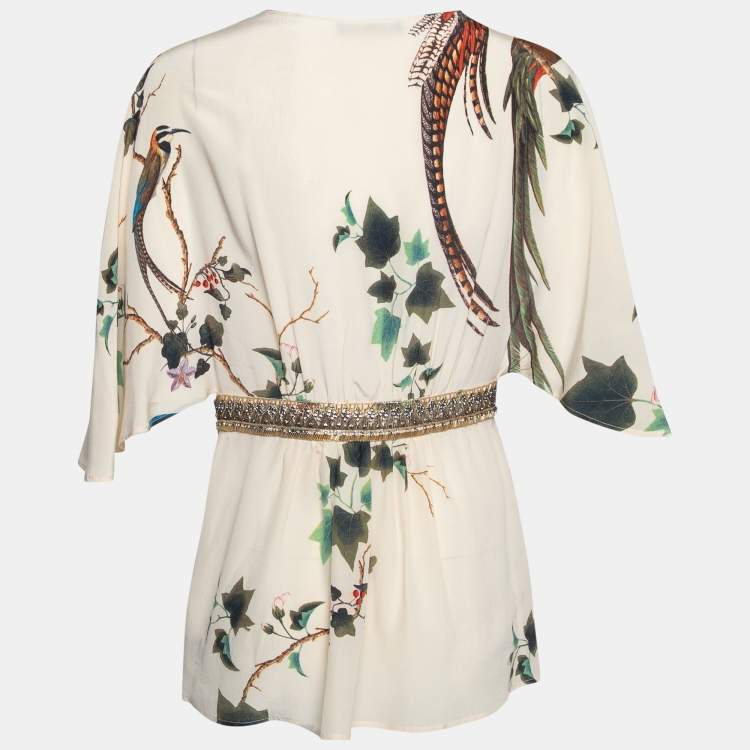 مملوكة مسبقًا Roberto Cavalli Cream Floral Printed Embellished Silk Kaftan Top M