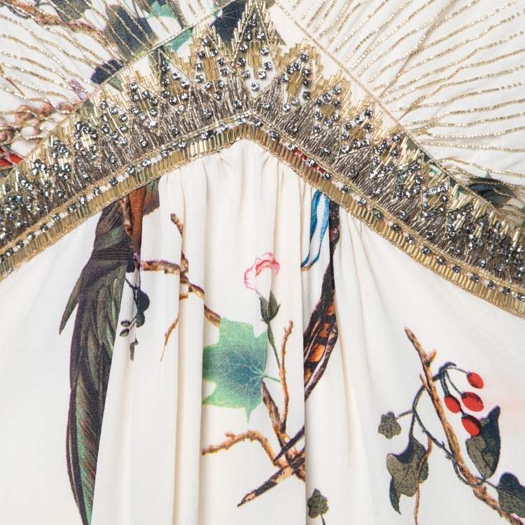 مملوكة مسبقًا Roberto Cavalli Cream Floral Printed Embellished Silk Kaftan Top M