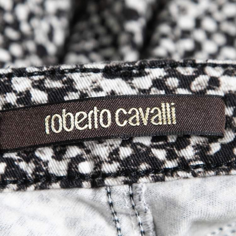 Pre Owned Roberto Cavalli Monochrome Printed Cotton Knit Trimmed Slim Fit Jeans M Waist 31"