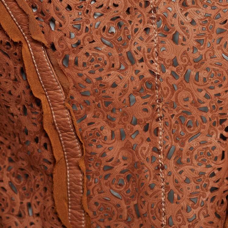 Pre Owned Roberto Cavalli Brown Laser Cut Leather Tie Up Jacket S