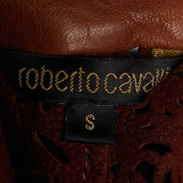 Pre Owned Roberto Cavalli Brown Laser Cut Leather Tie Up Jacket S