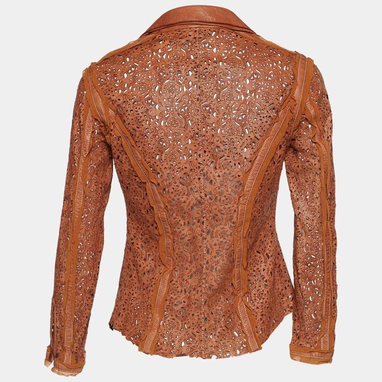 Pre Owned Roberto Cavalli Brown Laser Cut Leather Tie Up Jacket S
