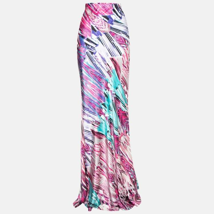 Pre Owned Roberto Cavalli Pink Multicolor Abstract Print Silk Maxi Skirt M