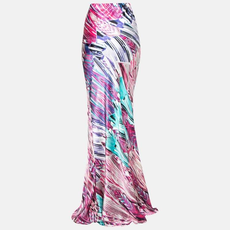 Pre Owned Roberto Cavalli Pink Multicolor Abstract Print Silk Maxi Skirt M
